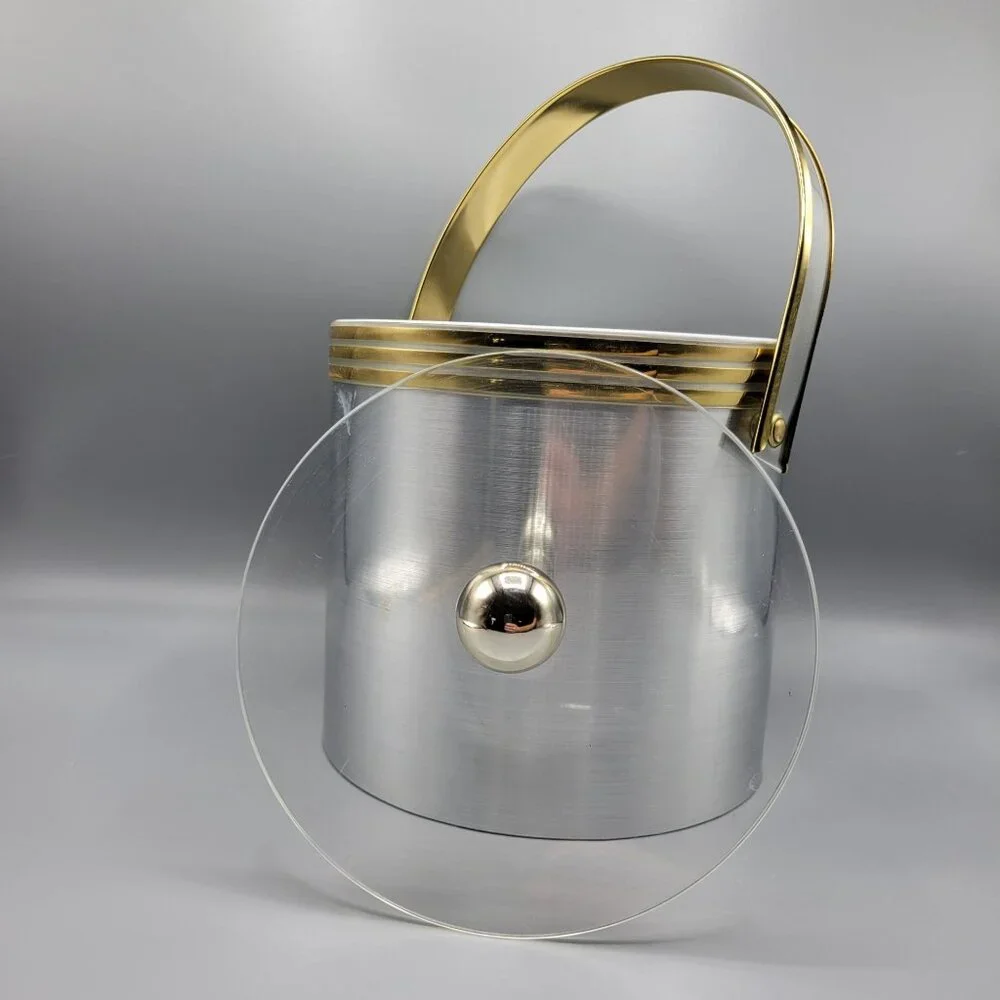 Vintage Mid Century Modern MCM Silver Gold Ice Bucket Clear Lid & Metal Handle